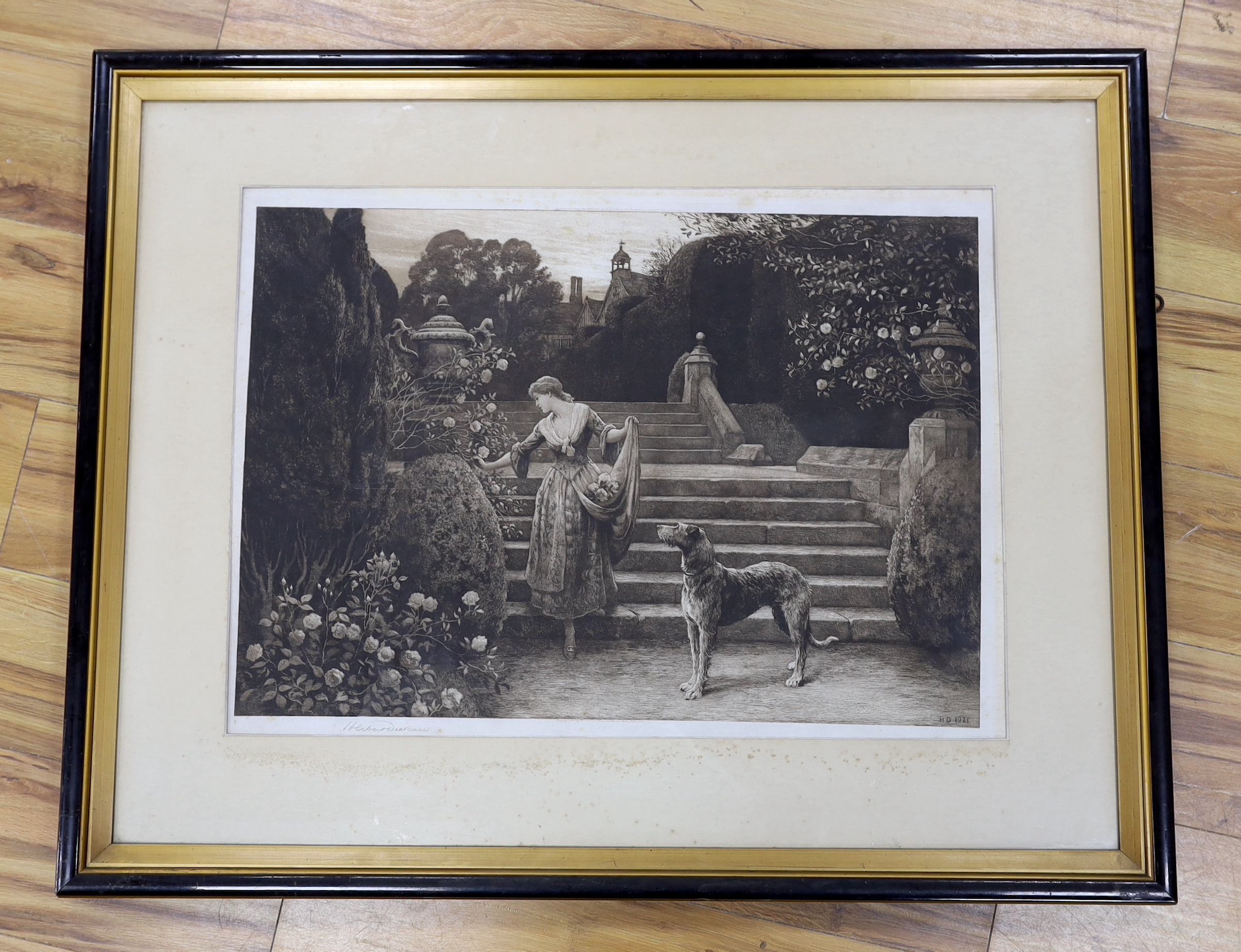 Herbert Dicksee (1862-1942), etching, 'The Old Garden', signed in pencil, publ. 1921, 49 x 70cm